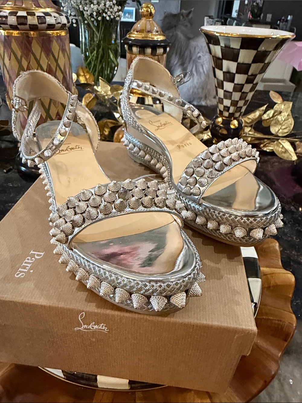 Christian Louboutin Silver Studded Platform Sandals with Ankle Strap